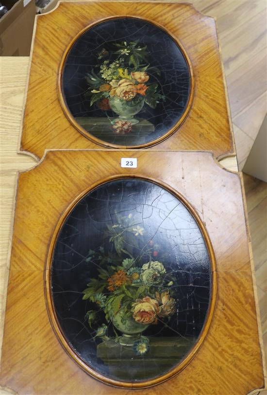 A pair of flower pieces in satinwood frames